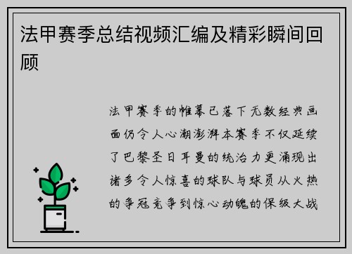 法甲赛季总结视频汇编及精彩瞬间回顾